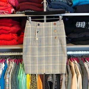 H&M blue/tan plaid back zipper, button, slit skirt size 2